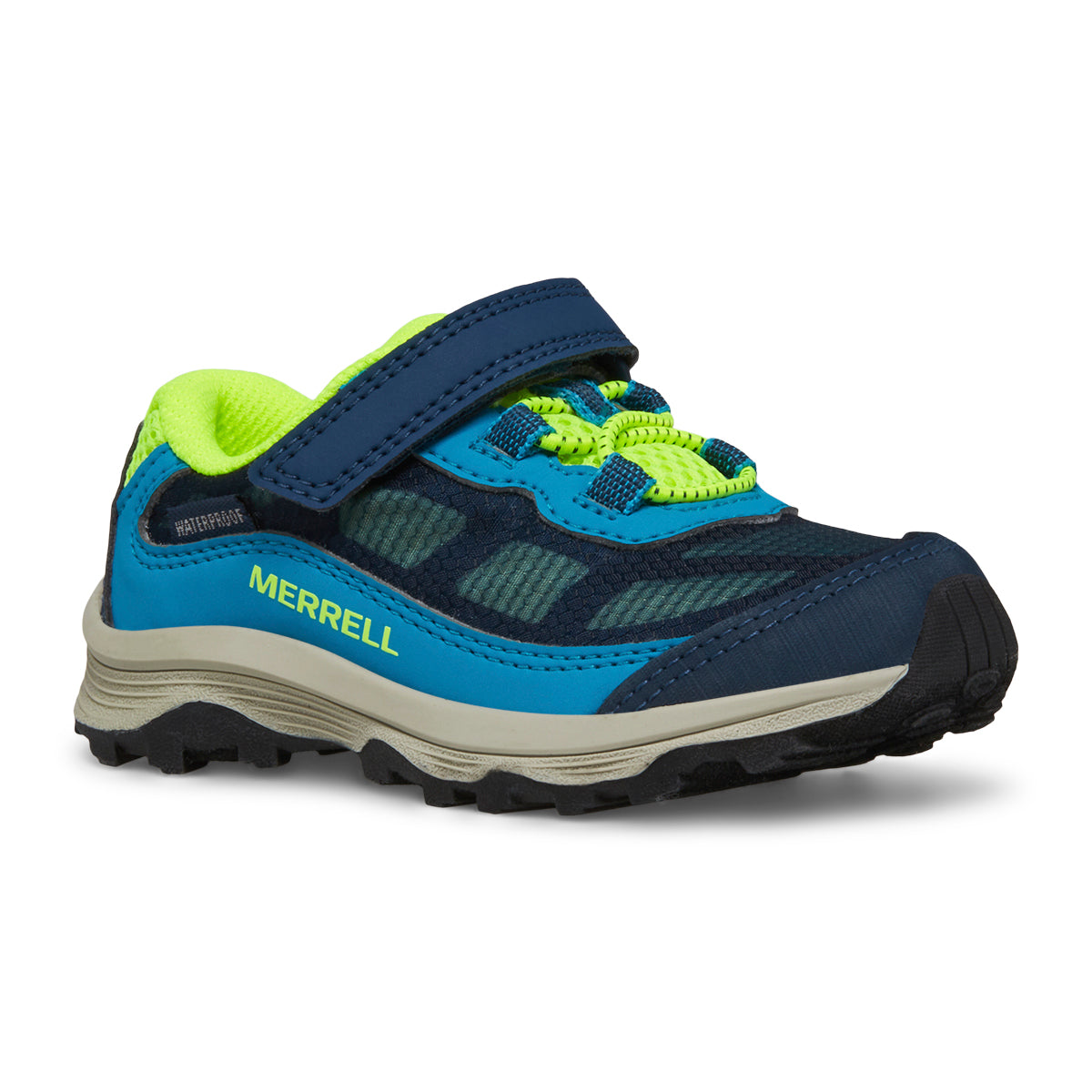 Moab Speed Low A/C Waterproof Junior Shoes | Merrell NZ #colour_navy-hi-viz